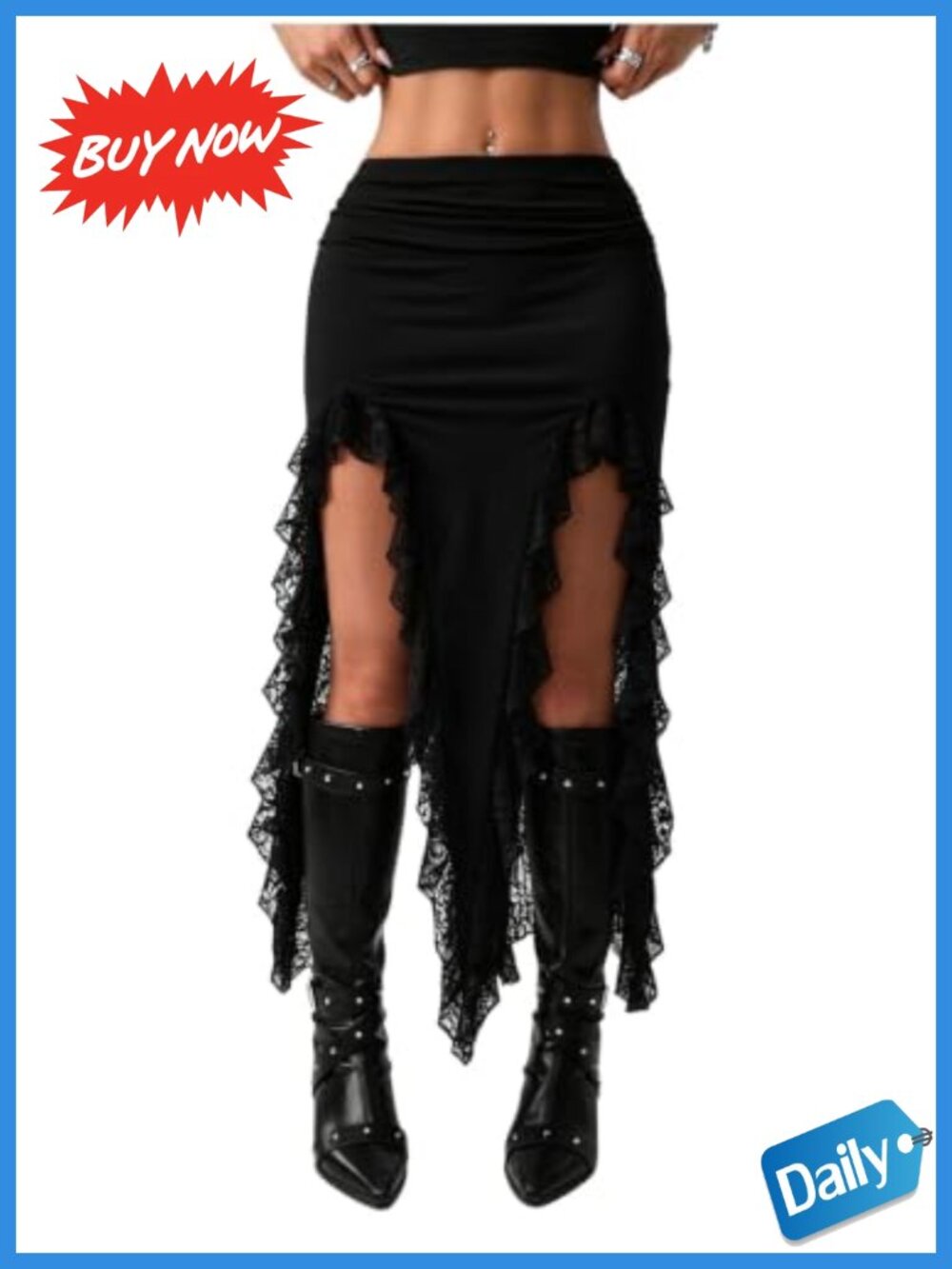 Asymmetrical Lace Trim Flowy Mini Skirt High Stretch Western Concert Outfit